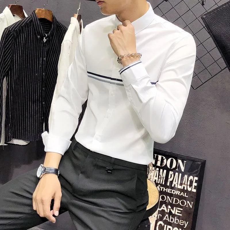 Mandarin Collar Formal Shirt Slim Fit - Camisa de Manga Larga con Cuello