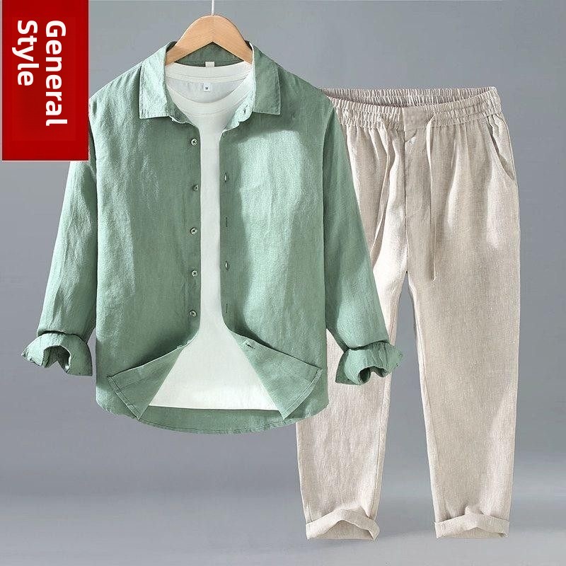 Mens Linen Shirt Long Sleeve - Conjunto de Camisa y Pantalones de