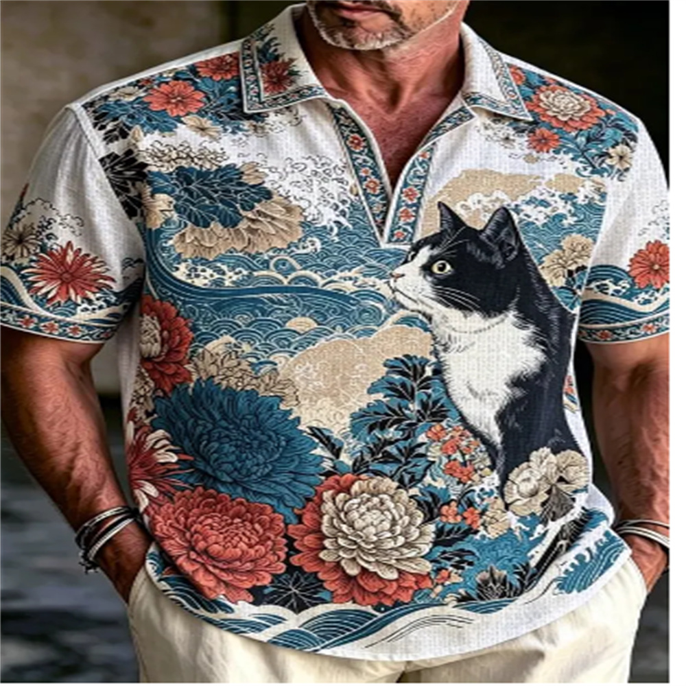 Vintage Hawaiian Floral Shirt - Camisa Polo de Manga Corta para