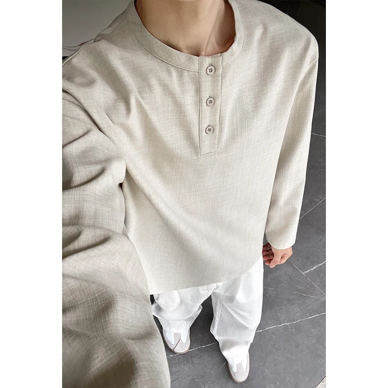 Mens Linen Shirt Long Sleeve - Camisa Henley Casual de Lino Sintético