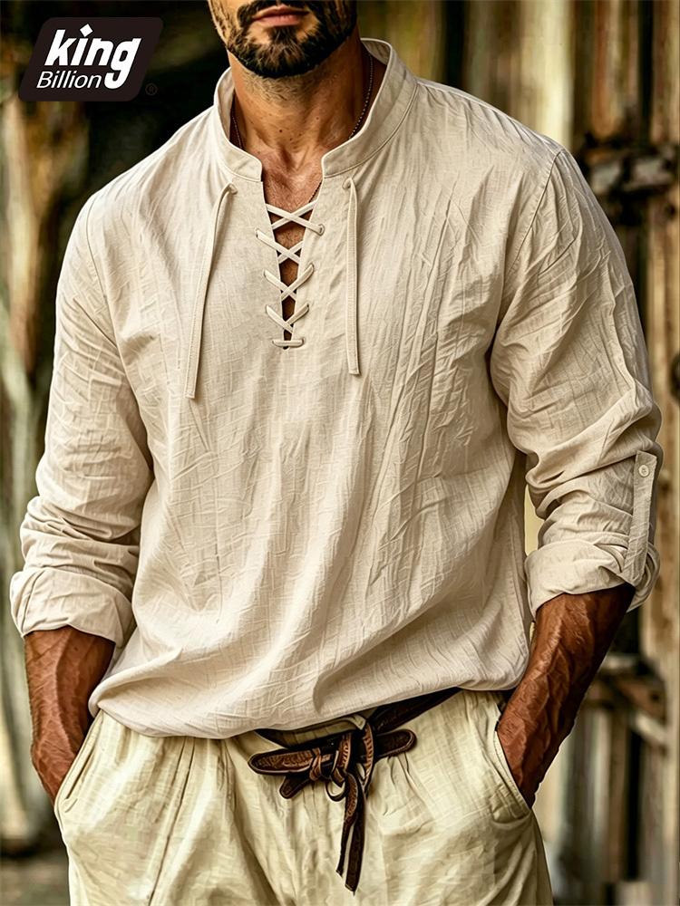 Medieval Gothic Lace Up Pirate Shirt - Camiseta de Hombre con Cuello en