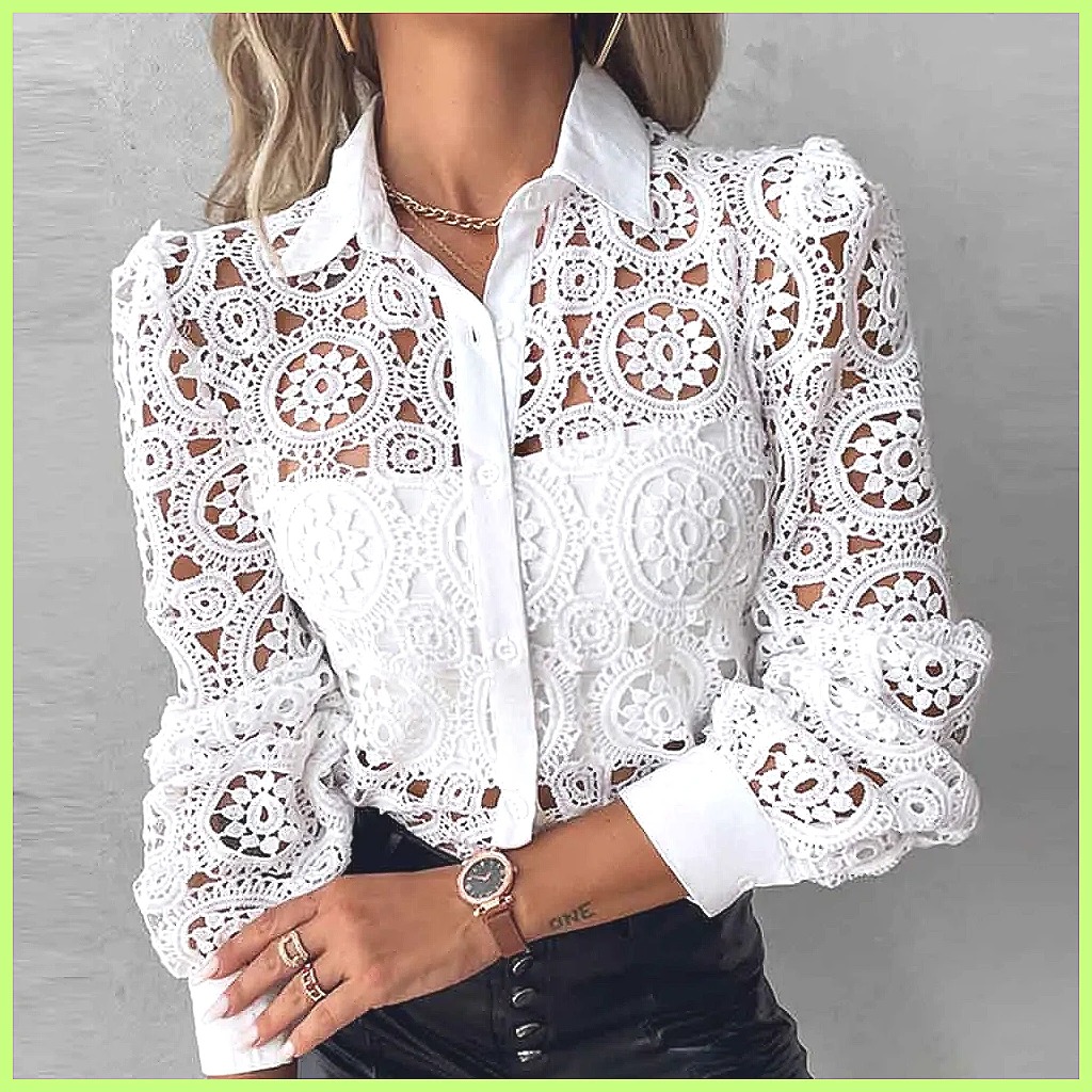 Shirts - Camisa Blanca de Encaje para Mujer
