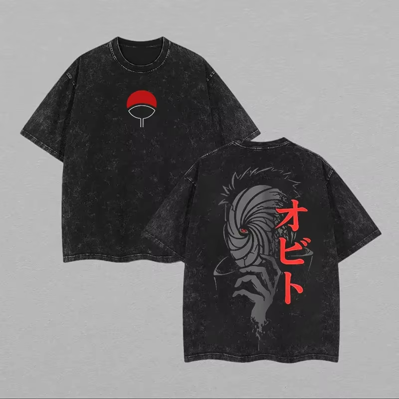 Acid Wash Vintage Graphic T Shirt - Camiseta Naruto Obito Uchiha con Estampado