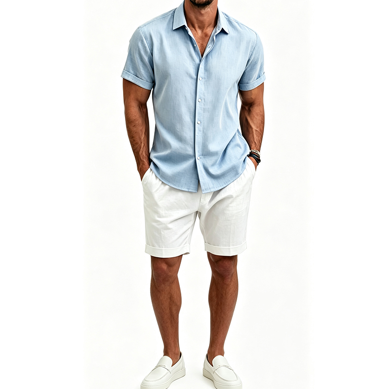 Mens Linen Shirt Long Sleeve - Conjunto de camisa y pantalones cortos