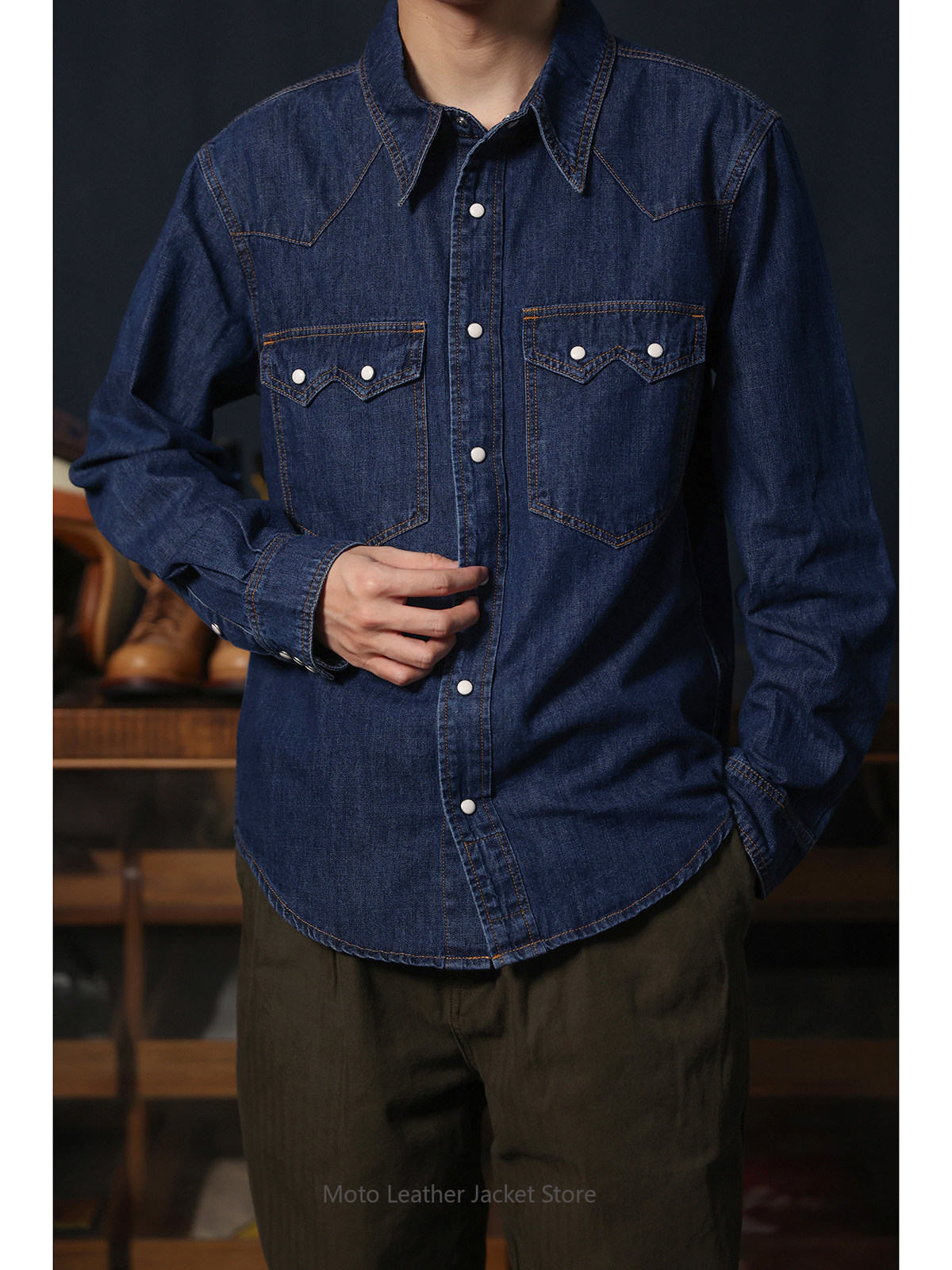 Mens Western Denim Pearl Snap Shirt - Camisa Vaquera Estilo Western Retro Americano,