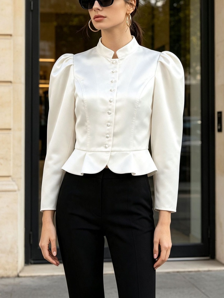 Mandarin Collar Formal Shirt Slim Fit - Blusa Tossy con volantes, manga larga,