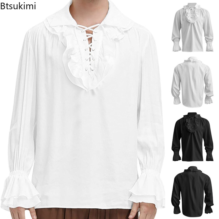 Medieval Gothic Lace Up Pirate Shirt - Camisa pirata medieval renacentista para hombre,