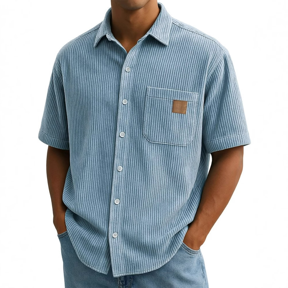 Corduroy Button Up Shirt Men - Camisa de manga corta de pana