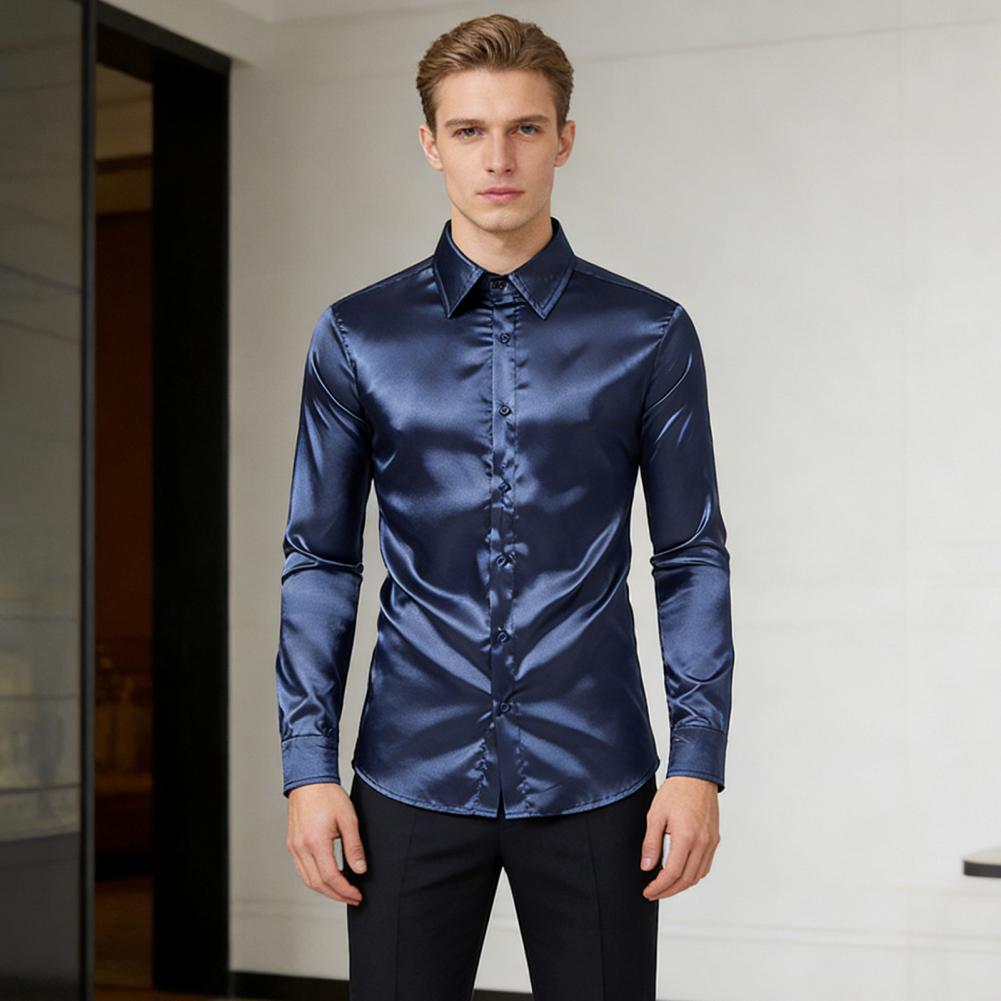 Camisa de Seda Satinada Azul,  - Mens Satin Silk Dress Shirt reseña y precio