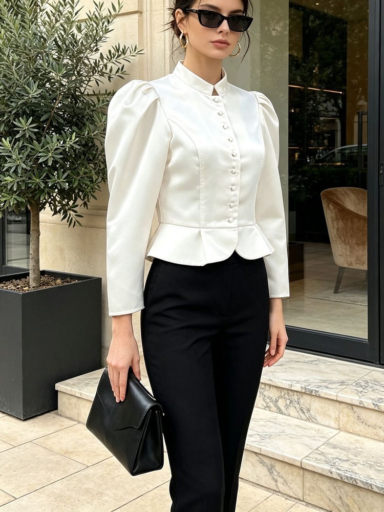 Blusa Peplum de Manga Larga co - Mandarin Collar Formal Shirt Slim Fit reseña y precio