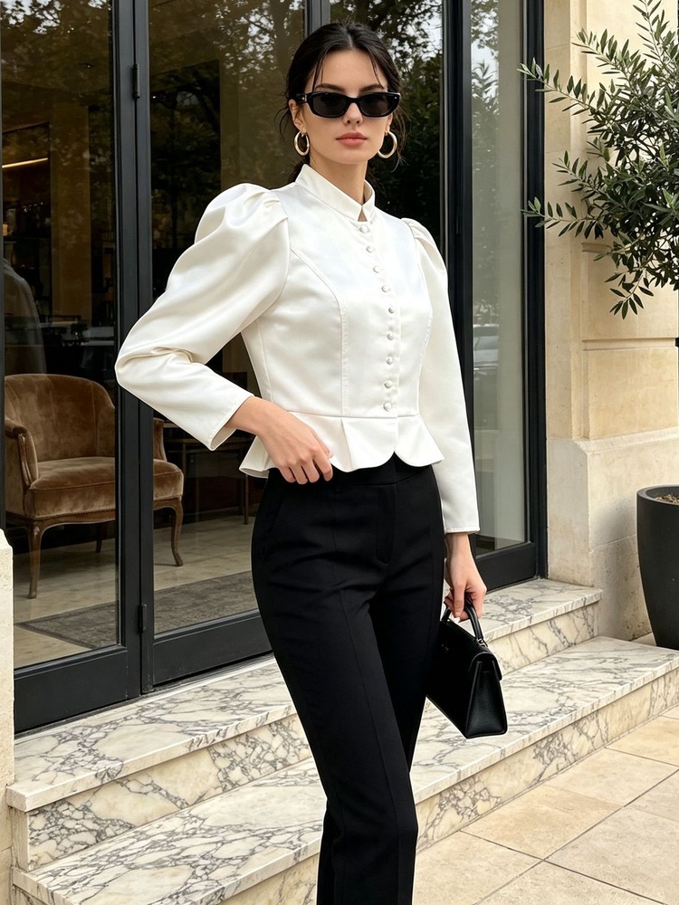 Blusa Peplum de Manga Larga co - Mandarin Collar Formal Shirt Slim Fit reseña y precio